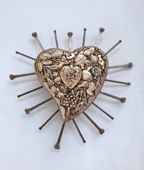 Sacred Heart Ex-Voto: Silver Milagros Wooden Heart with Nails, Wall Decoration, Valentines