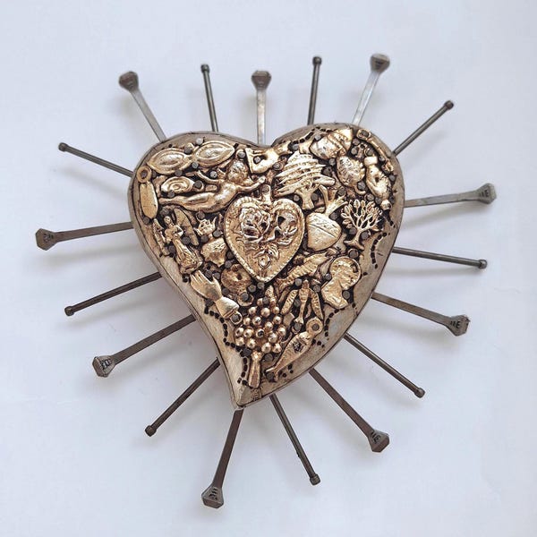 Sacred Heart Ex-Voto: Silver Milagros Wooden Heart with Nails, Wall Decoration, Valentines