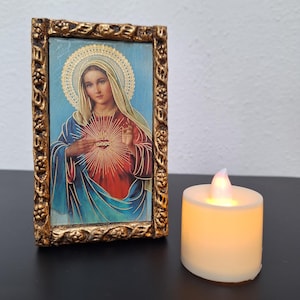 Virgin of the Sacred Heart Antiqued Retable Portrait: Handmade Religious Art