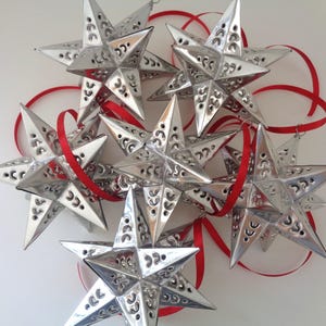 Set of 6 Silver Tin Moravian Star Ornaments: Handmade Christmas Decor