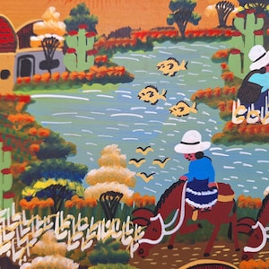 May include: A colorful painting depicting a rural scene with a winding river, houses, and people riding horses. The painting features bright colors, including blue, green, yellow, and red.