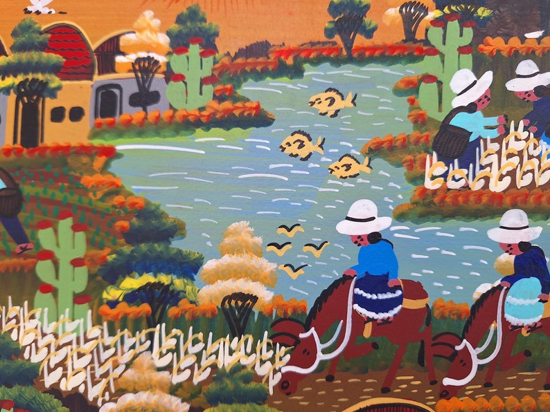 May include: A colorful painting depicting a rural scene with a winding river, houses, and people riding horses. The painting features bright colors, including blue, green, yellow, and red.