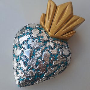 Sacred Heart Wall Decor: Gold Leaf Halo, Silver Milagros, Turquoise Mexican Folk Art