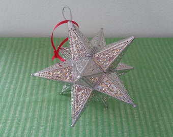 Moravian Tin Star Lamp, Silver Moravian Star Lamp, Xmas Tree Topper, Hängelampe, Artisanal Silver Star Lamp, handgefertigt in Mexiko, 20 cm Durchm.