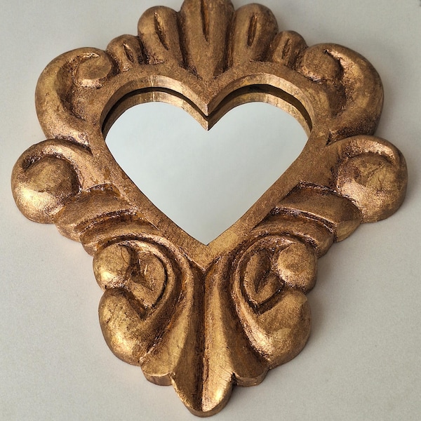 Gold Leaf Heart Shaped Mirror, Handcarved Antiqued Wall Decor