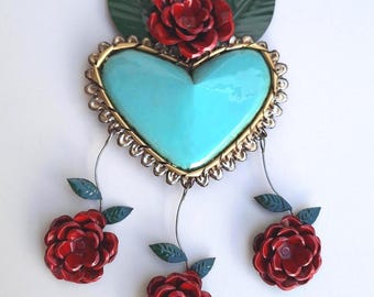 Artisanal Mint Sacred Heart Wall Hanging, Red Roses Tin Ornament, Antiqued Finish