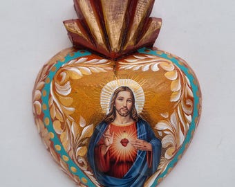 Wooden Handcrafted Heart w/ Sacred Heart of Jesus, Mexican Folk Art, Handpainted Religious Heart, Wall Decoration, Hanging Heart