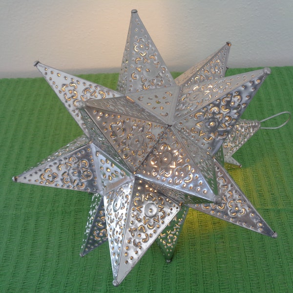 Moravian Tin Star Lamp, Silver Moravian Star Lamp, Artisanal Hanging Silver Star Lamp, Handmade in Mexico, Christmas Tree Topper, 12" diam.