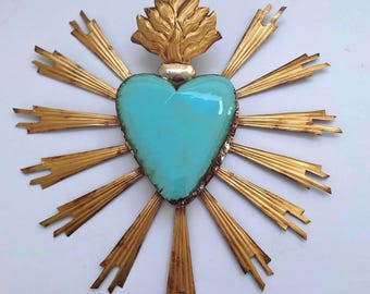 Colgante de pared artesanal de Sagrado Corazón de Menta con Halo Dorado, San Valentín