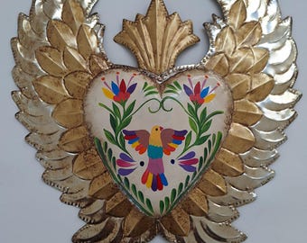 NEW !! Artisanal White Heart Tin Ornament w/Otomi Handpainted Details, Tenango Wall Decor,  Otomi Heart Ornament, Dove/Flowers, Gift for Mom