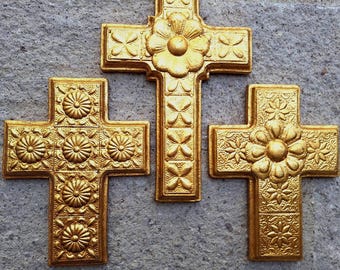 Decorative Wooden Crosses with Flowers Detail and Gold Leaf