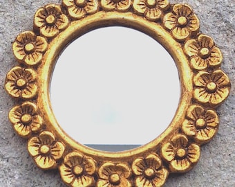 12" Handcarved Gold Leaf Antiqued Mirror with Flowers, Artisanal Mexican Decor