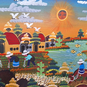 May include: A colorful painting depicting a rural scene with houses, a river, and people working in a field. The sun is shining brightly in the sky, and there are birds flying overhead. The painting is done in a folk art style, with bright colors and simple shapes.
