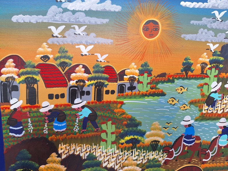 May include: A colorful painting depicting a rural scene with houses, a river, and people working in a field. The sun is shining brightly in the sky, and there are birds flying overhead. The painting is done in a folk art style, with bright colors and simple shapes.