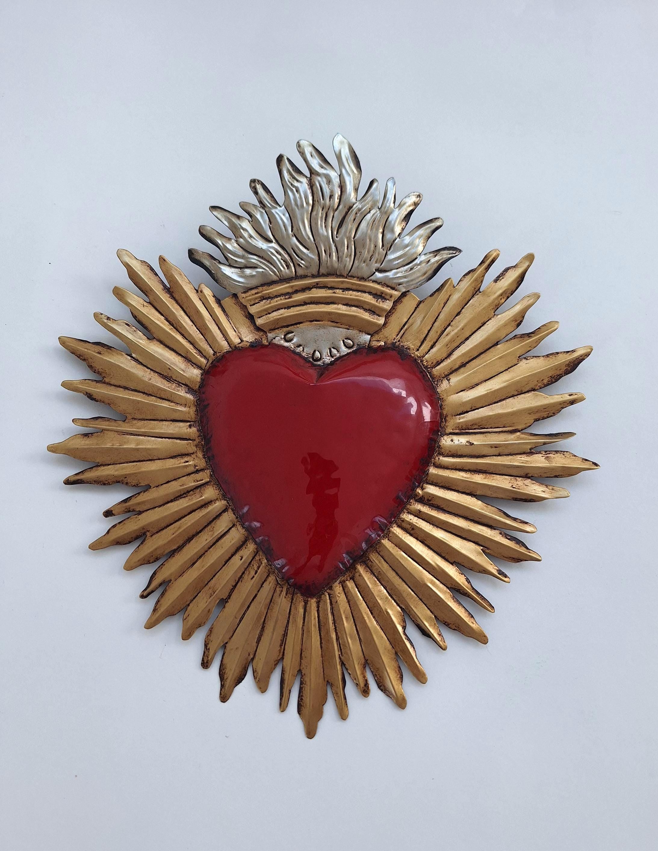 Colgante de pared artesanal del Sagrado Corazón: Milagro rojo, dorado y plateado