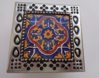 Talavera Ceramic Tin Sheet Keepsake Box, Jewelry Box, Mexican Folk Art, Handtooled Decorative Artisanal Box, Assorted Colors Talavera Tile