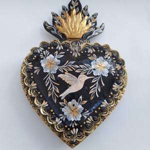 XL Handpainted Otomi Tin Heart Ornament: Mexican Folk Art Wall Decor