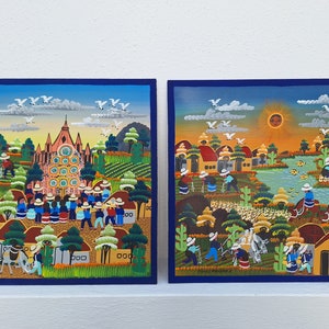 May include: Two colorful paintings depicting scenes of rural life in a village. The first painting shows a church with a pink facade and a crowd of people in front of it. The second painting shows a village with houses, a river, and people working in the fields.