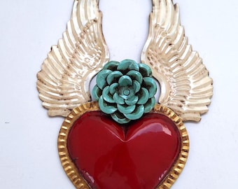 Handmade Tin Heart with Wings, Red Ex-Voto Wall Decor, Valentines
