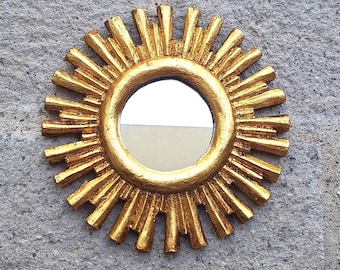 Artisanal Gold Leaf Sun Shaped Handcarved Antiqued Mirror w/Rays, Gilded Mirror