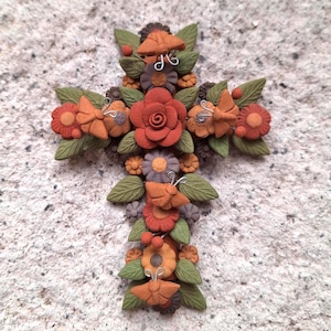 Handmade Polychrome Clay Cross: Mexican Folk Art Religious Decor