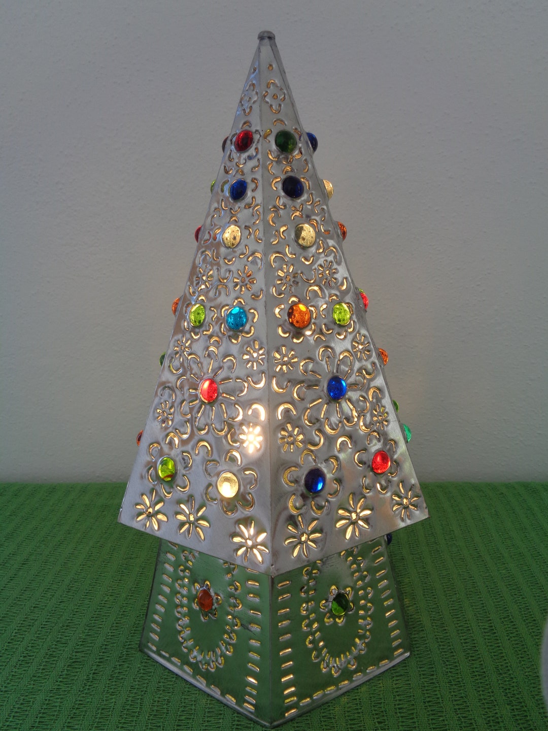 Mexican Silver Tin Christmas Tree With Assorted Color Marbles, Table