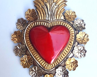 Artisanal Red Sacred Heart Wall Hanging, Gold Silver Halo Flowers Tin Ornament