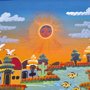May include: A colorful painting depicting a stylized sun with a human face, surrounded by white birds flying in a blue sky with white clouds. The sun is set against a yellow and orange background with green trees and a river in the foreground.