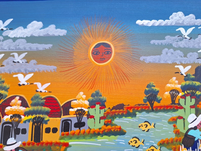May include: A colorful painting depicting a stylized sun with a human face, surrounded by white birds flying in a blue sky with white clouds. The sun is set against a yellow and orange background with green trees and a river in the foreground.