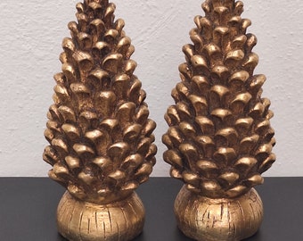 Hand Carved Pineapples with Gold Leaf, Decorative Pineapples, Symbol of Hospitality/Good Luck/Fertility/Abundance, Gilded Pineapples, Set/2