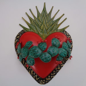 Artisanal Red Heart Ornament with Nopal and Maguey Decorations, Valentines Tin Ornament, Heart Wall Decor, Folk Art Decoration, Boho Style