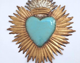 Decoración de pared artesanal del Sagrado Corazón, menta, halo dorado, arte popular Milagro, San Valentín