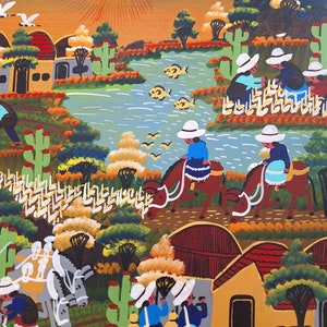 May include: A colorful painting depicting a rural scene with people riding horses and donkeys, houses, cacti, and a river with fish. The sun is shining brightly in the sky.