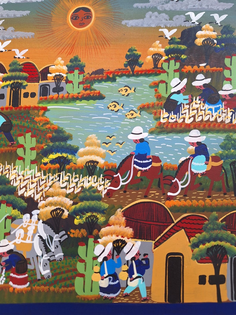 May include: A colorful painting depicting a rural scene with people riding horses and donkeys, houses, cacti, and a river with fish. The sun is shining brightly in the sky.