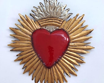 Ambachtelijke wandhanger heilig hart: rode, gouden en zilveren Milagro, Valentijnsdag