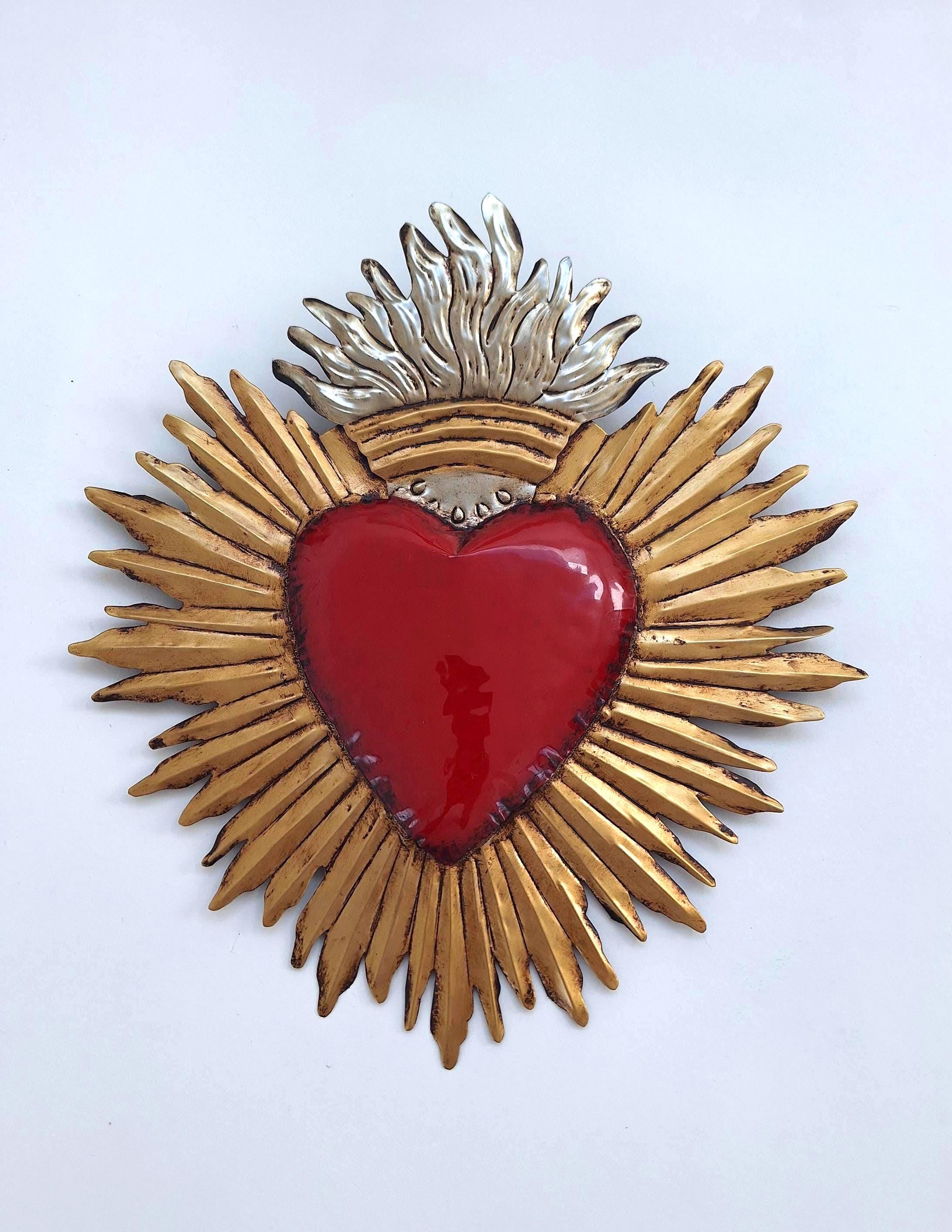 Artisanal Sacred Heart Wall Hanging: Red, Gold, and Silver Milagro