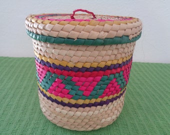 Handwoven Palm Leaf Basket with Lid: Colorful Mexican Decor