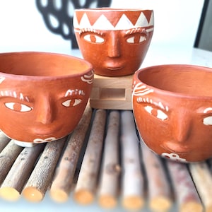 Handcrafted Oaxaca Red Clay Face Design Recipients, Clay Planters