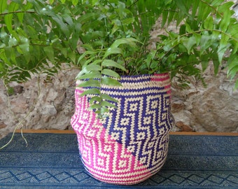 Handwoven Oaxaca Palm Leaf Basket, Two-Tone Decorative Planters, SET of 2