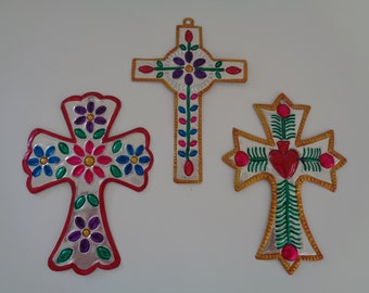 Large Mexican Crosses Christmas Ornaments - Set of 3 / Tin Ornaments / Handpainted Tin Ornaments / Artisanal Tin Ornaments / Cross Ornaments