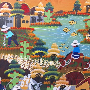 May include: A colorful painting depicting a village scene with houses, a river, and people riding horses. The painting is done in a folk art style with bright colors and simple shapes.
