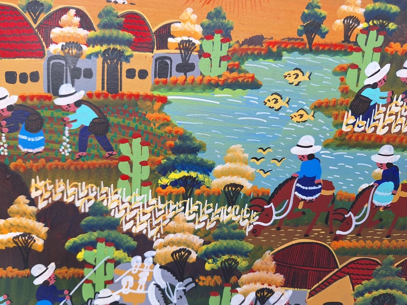 May include: A colorful painting depicting a village scene with houses, a river, and people riding horses. The painting is done in a folk art style with bright colors and simple shapes.