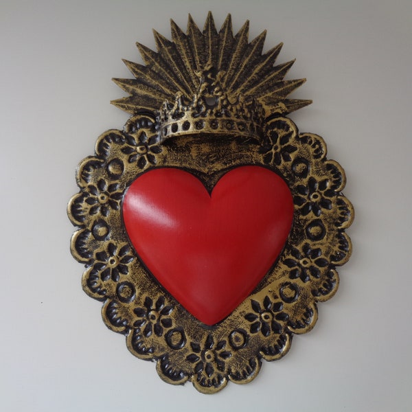 Artisanal Red Heart Ex-Voto Tin Ornament, Wall Decor,  Milagros Heart Ornament, Valentines Gift, Tin Ornament, Boho Style Heart with Crown