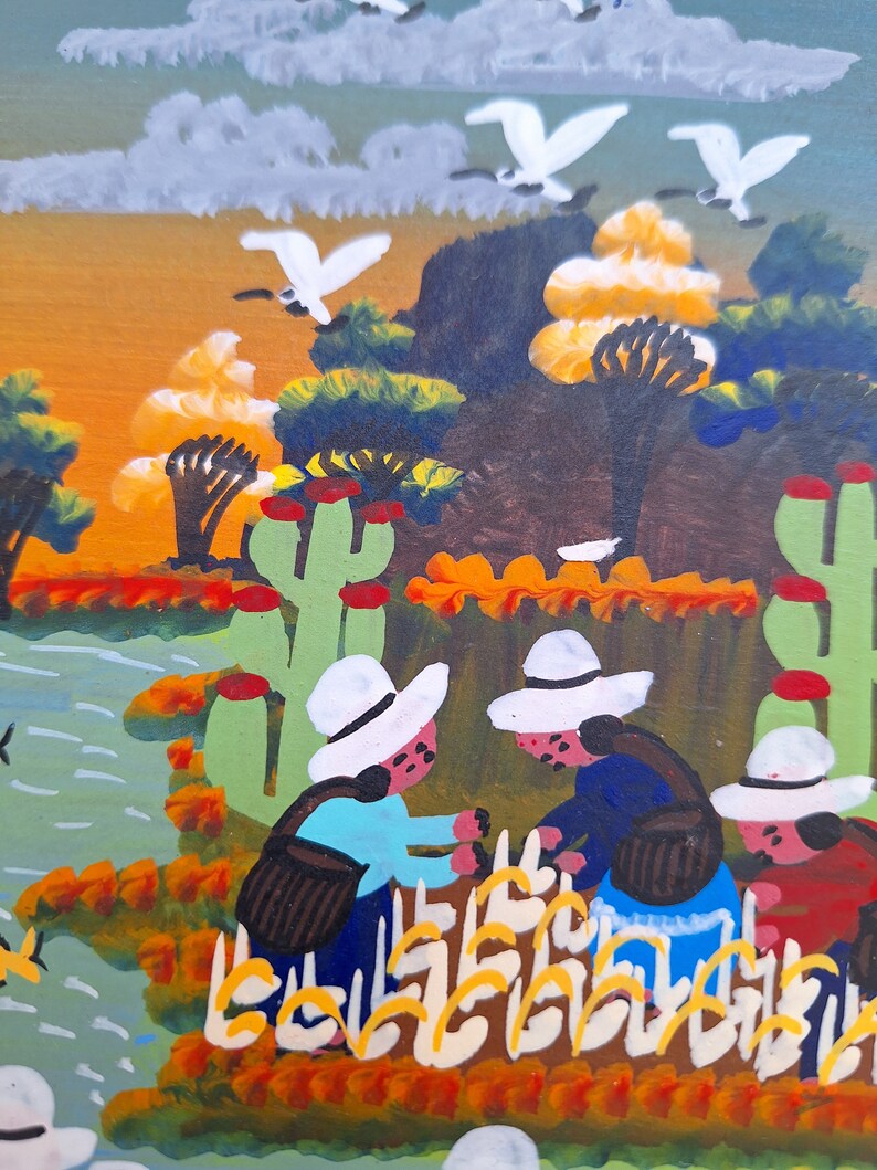 May include: A painting of three people wearing white hats harvesting yellow crops in a field. The painting has a bright, colorful style with a green, orange, and yellow color scheme.