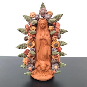 Handmade Polychrome Clay Virgin of Guadalupe Statue: Mexican Folk Art Decor