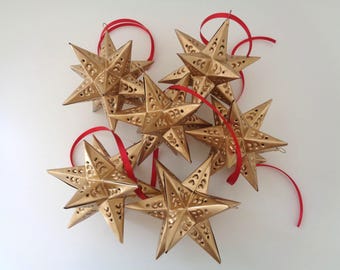 SET of 6 Gold Tin Moravian Star Ornaments - Handmade Holiday Decor