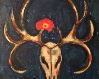 Deer, Deer Skull, Deer Head, Deer Artwork, Original Art, Primitive Decor, Colorful Art, Deer Antlers, Poppy, Poppy Art, Spiritual Art