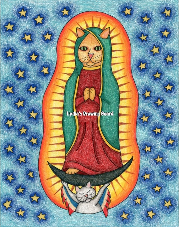 Our Lady of Guadalupe, Art, Original Drawing, Colored Pencil Art, Cat, Cat Art, Whimsical Art, Kitty, Mexican Folk Art, Virgen de Guadalupe