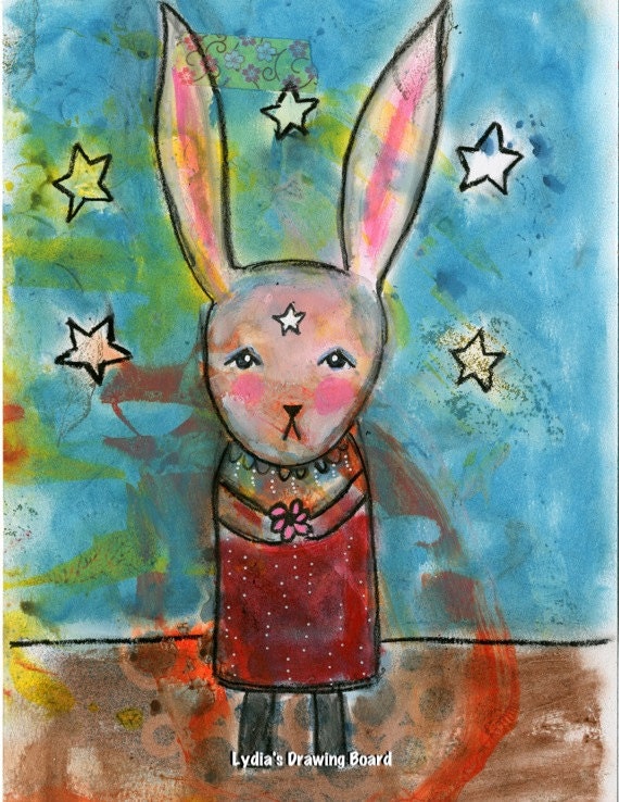 Rabbit Art, Rabbit, Bunny Art, Stars, Whimsical Art, Mixed Media Collage Art, Mixed Media Print, Girl Art, Gift for Kids, Kids Room Wall Art