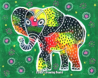 Elephant, Elephant Art Print, Elephant Artwork, Mexican Art, Mexican Folk Art, Animal Art, Animal Artwork, Animal Art Print, Elefante